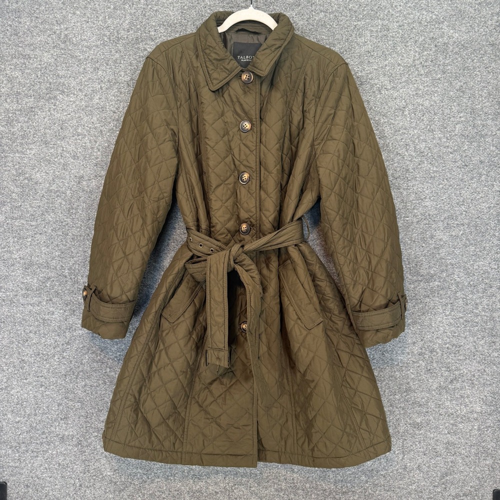 Talbots Jacket Womens 2XP Green Belted Diamond Stitch Coat Barn Quilted Plus Sz